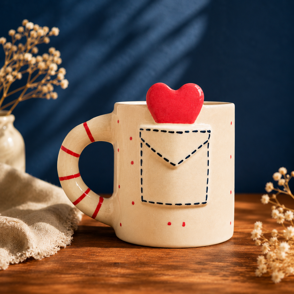 Handpainted ceramic mug with 3D heart topper and envelope pocket design
