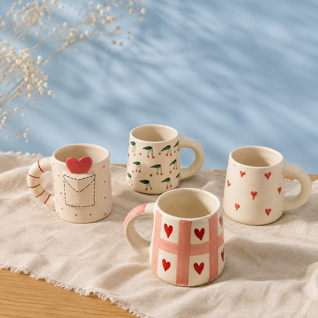 Assorted set of four handpainted ceramic mugs — cherry, heart, and envelope designs
