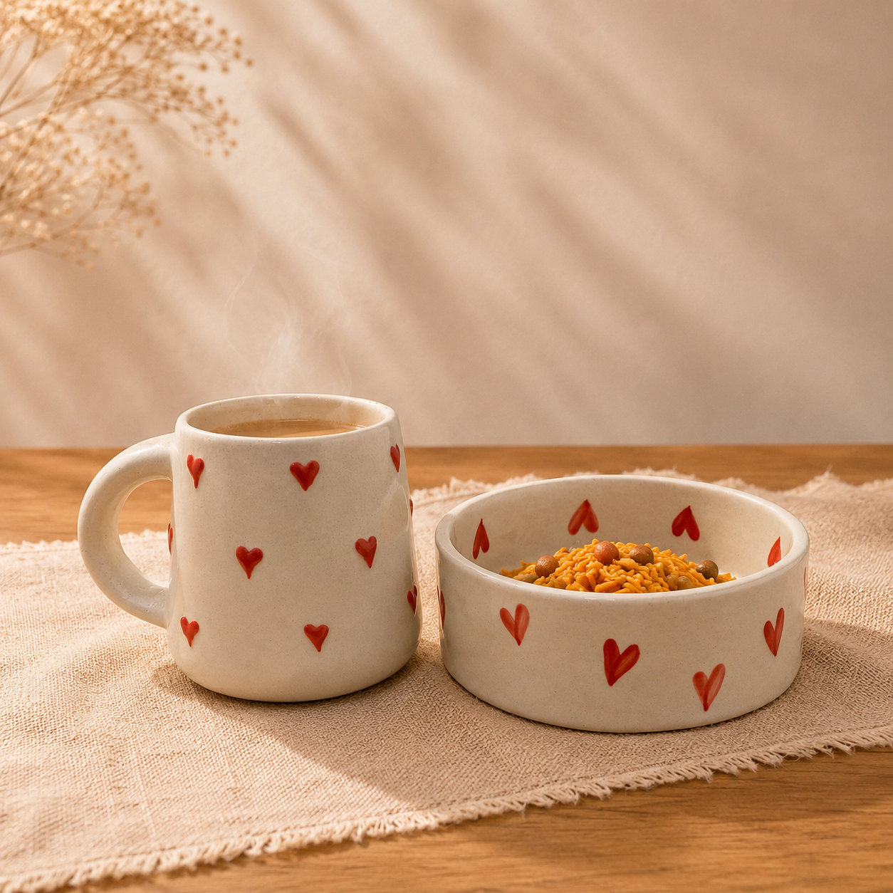 Handpainted ceramic mug and bowl set with scattered red heart design
