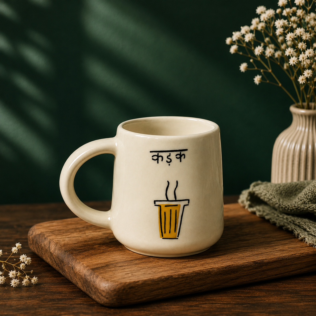 Handpainted ceramic mug with Hindi "Kadak" text and chai glass illustration
