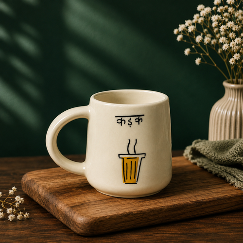 Handpainted ceramic mug with Hindi "Kadak" text and chai glass illustration

