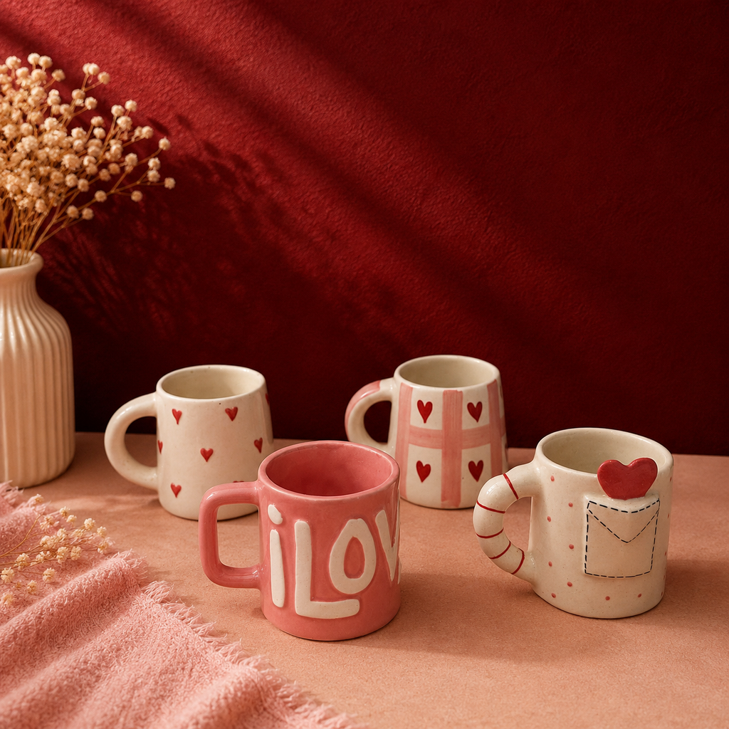 Assorted set of four heart-themed ceramic mugs — scattered, checkered, embossed, and envelope designs
