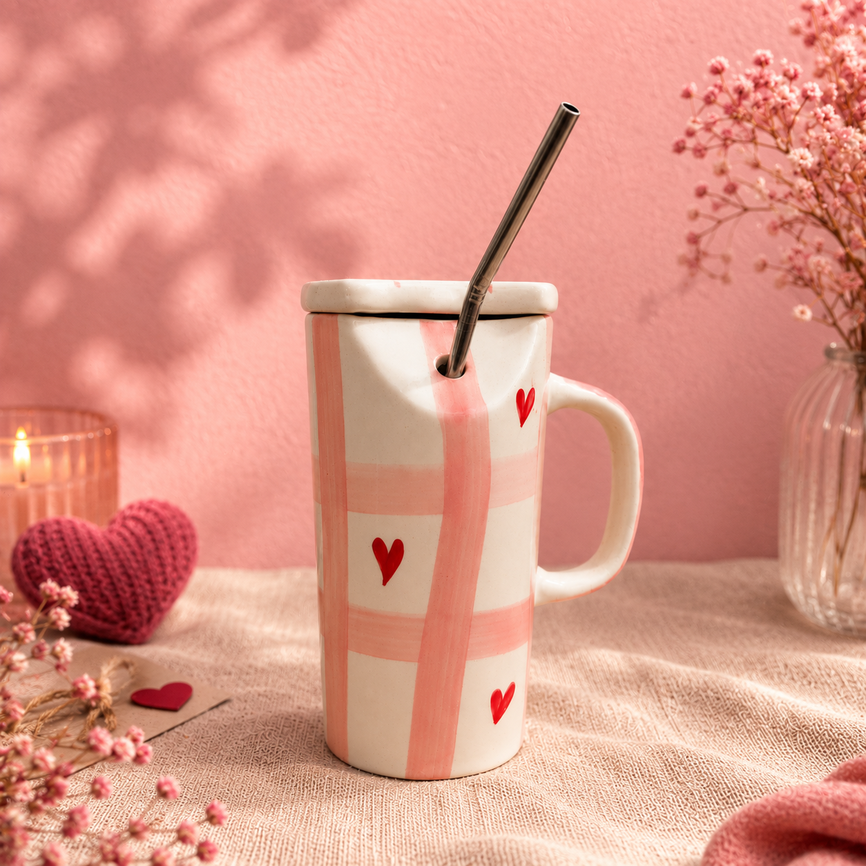 handmade pink plaid ceramic sipper mug with red hearts and steel straw