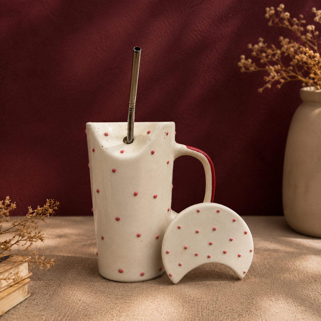 handmade red polka dot ceramic sipper mug with steel straw and moon lid