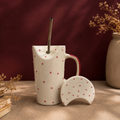 handmade red polka dot ceramic sipper mug with steel straw and moon lid