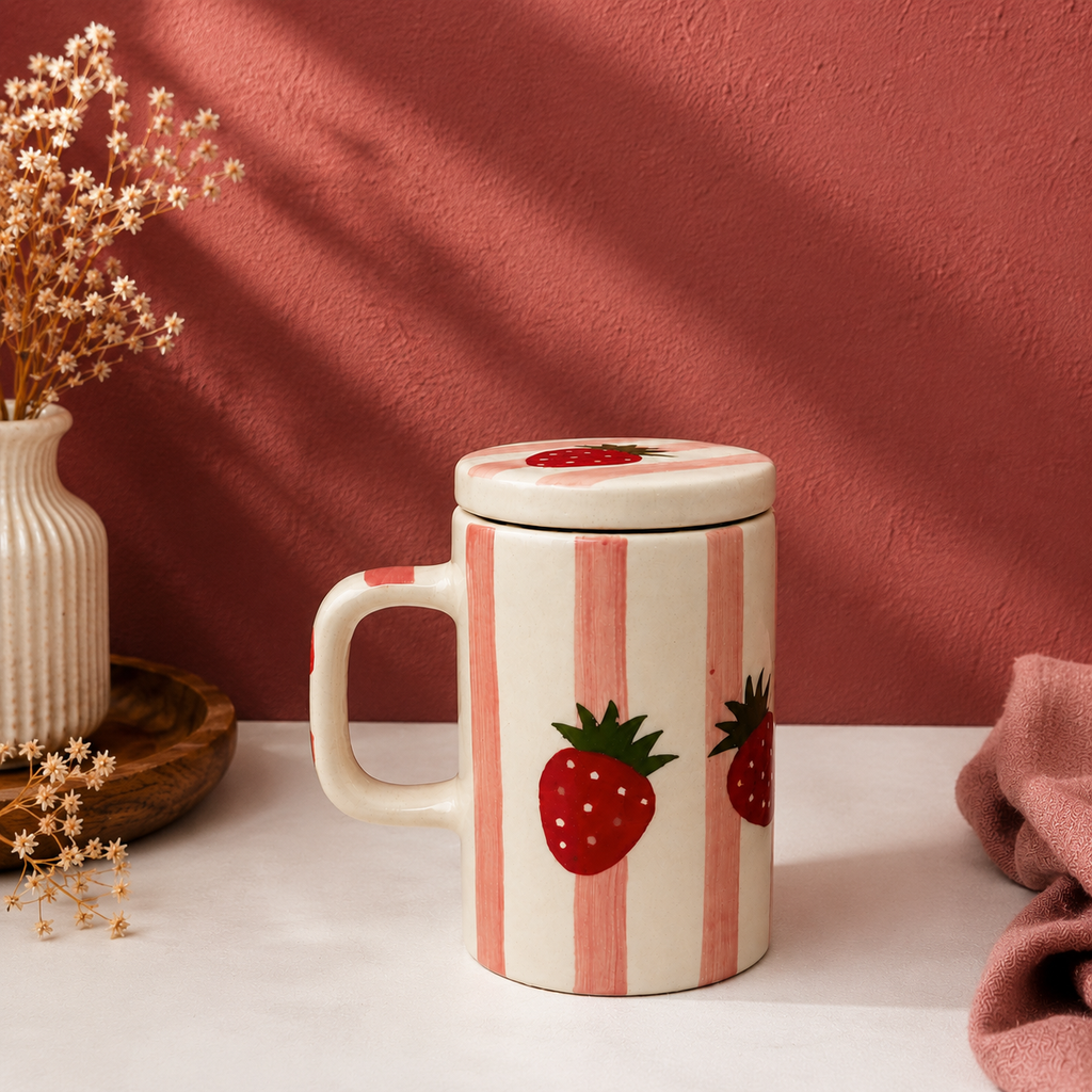 handmade pink striped ceramic mug with hand-painted strawberries and li
