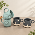 Aesthetic coffee mug set of 4 — sage 3D flower mugs and charcoal embossed heart mugs