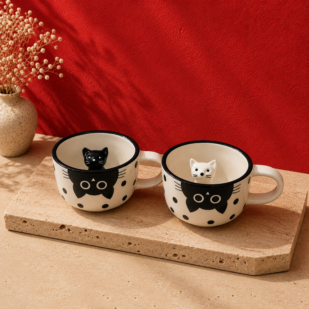 Black & White Cat Mugs – Set of 2 with 3D Cats Inside