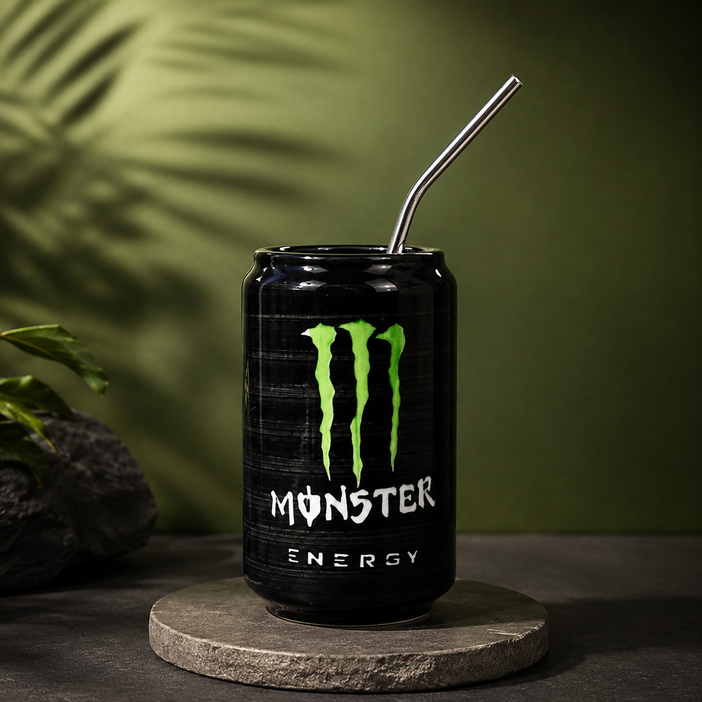 Handmade black ceramic energy-drink-can-shaped cup with stainless steel straw