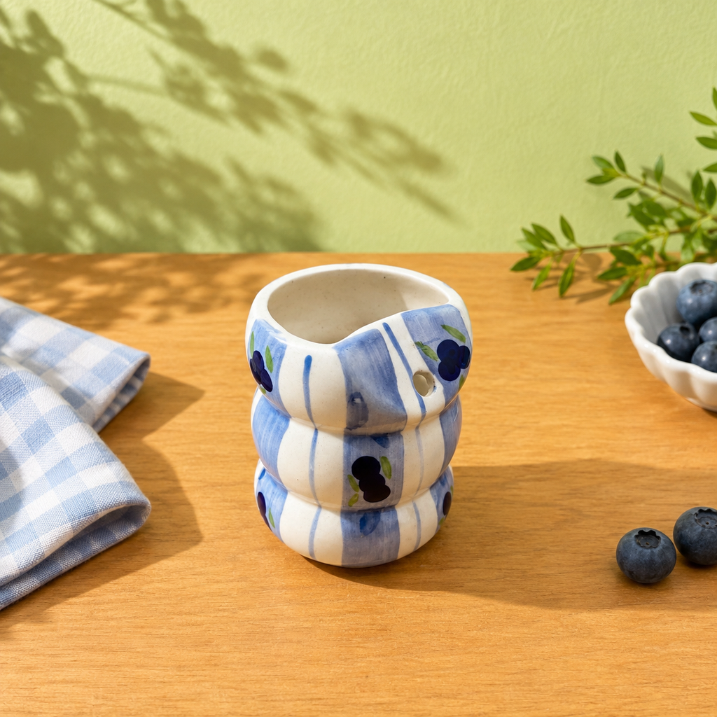Handmade blueberry gingham ceramic tumbler with chunky bubble texture