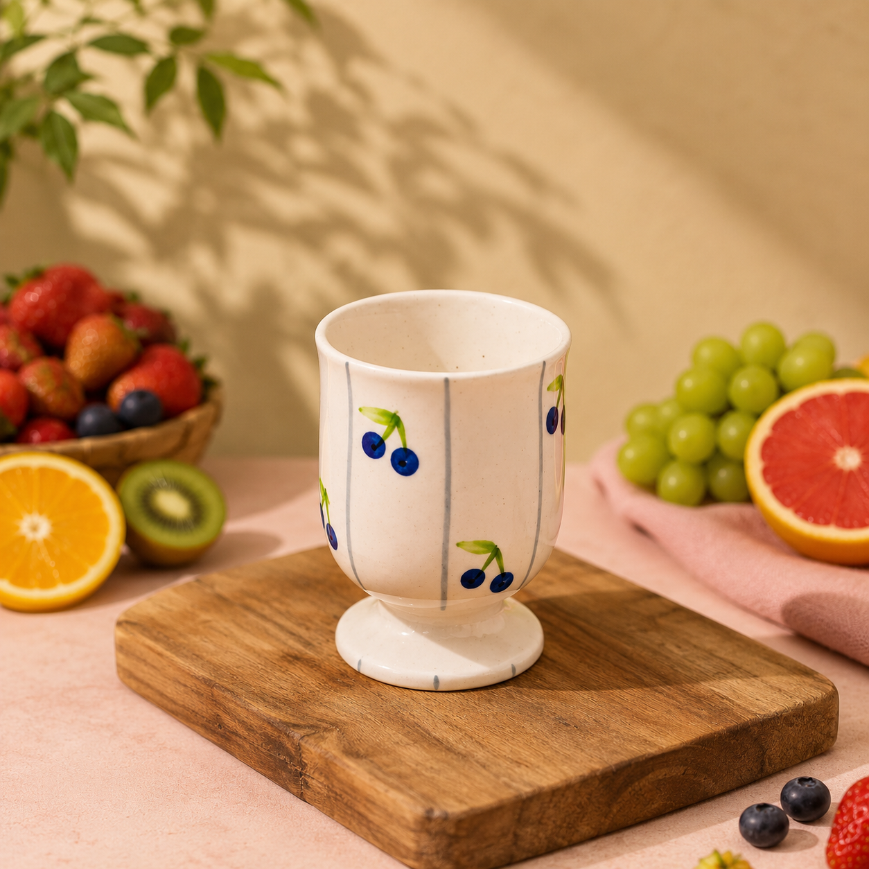 Hand-painted blueberry mug pedestal cup with blue berries and stripes