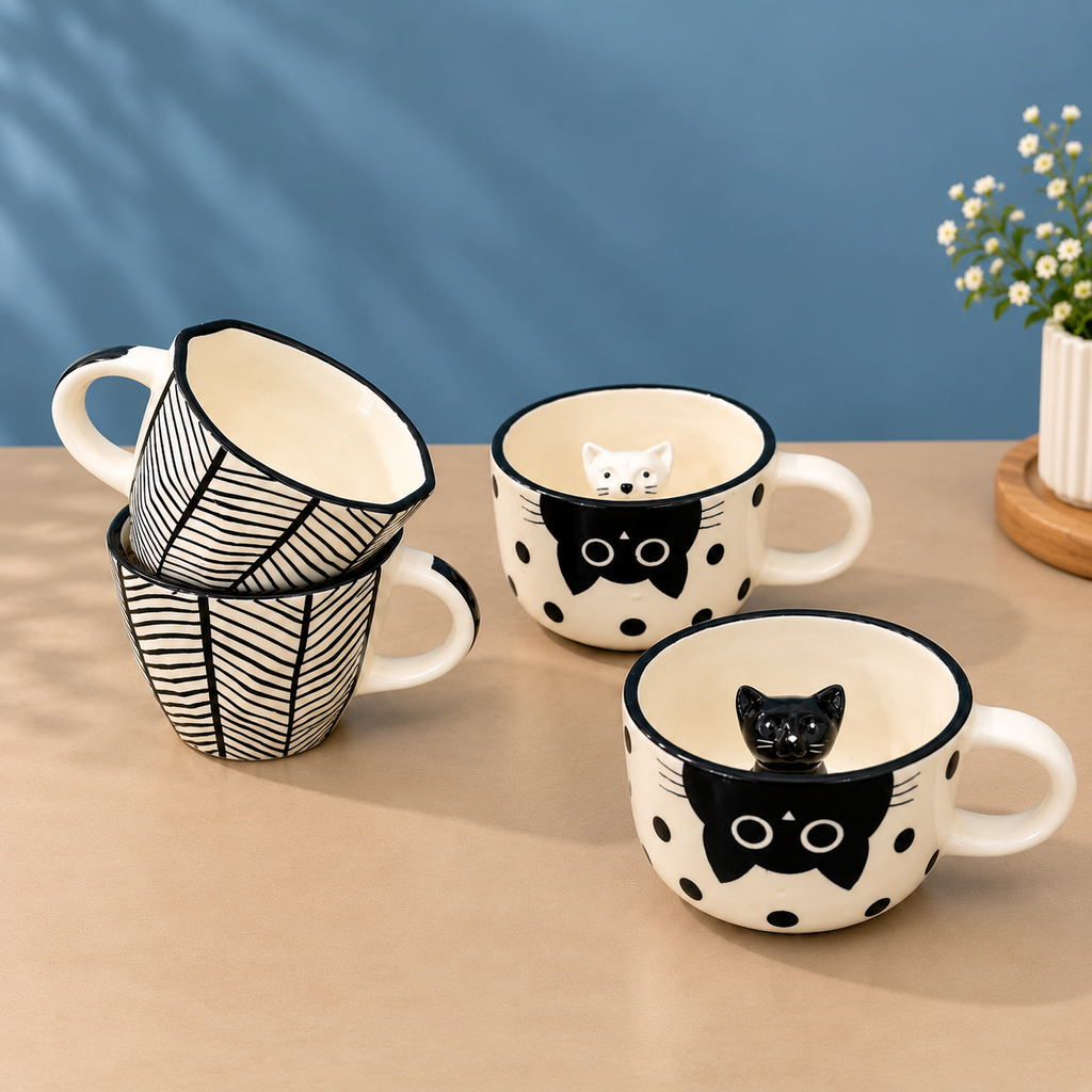 Handmade cat cappuccino mug set of 4 — 3D peeking-cat and black-and-white line ceramic mugs