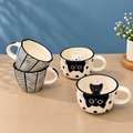 Handmade cat cappuccino mug set of 4 — 3D peeking-cat and black-and-white line ceramic mugs