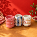 Handmade ceramic bubble tumbler set of 3 — blueberry, pink heart, red gingham — with straws