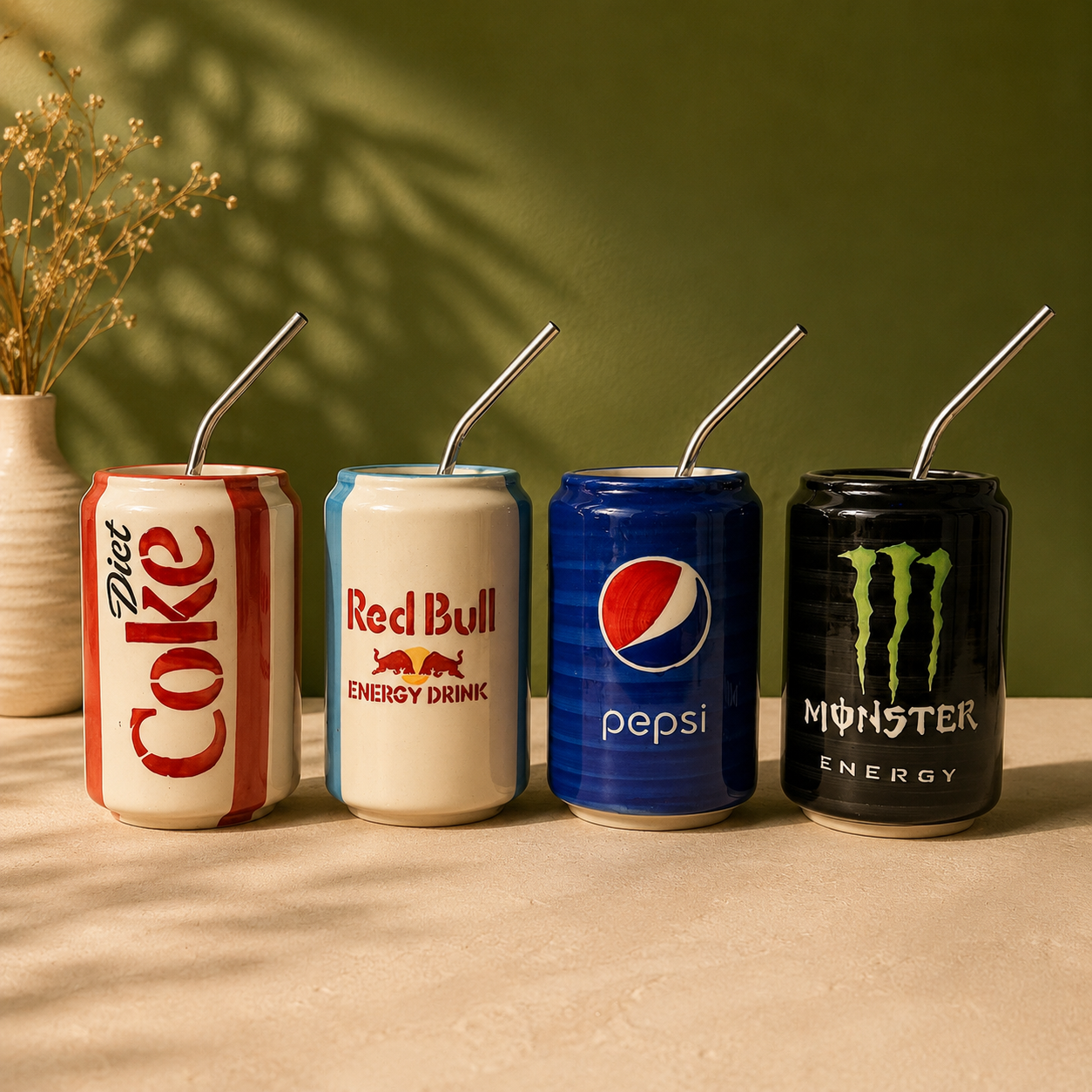 Handmade ceramic can-shaped cup set of 4 with stainless steel straws, retro soda-can style