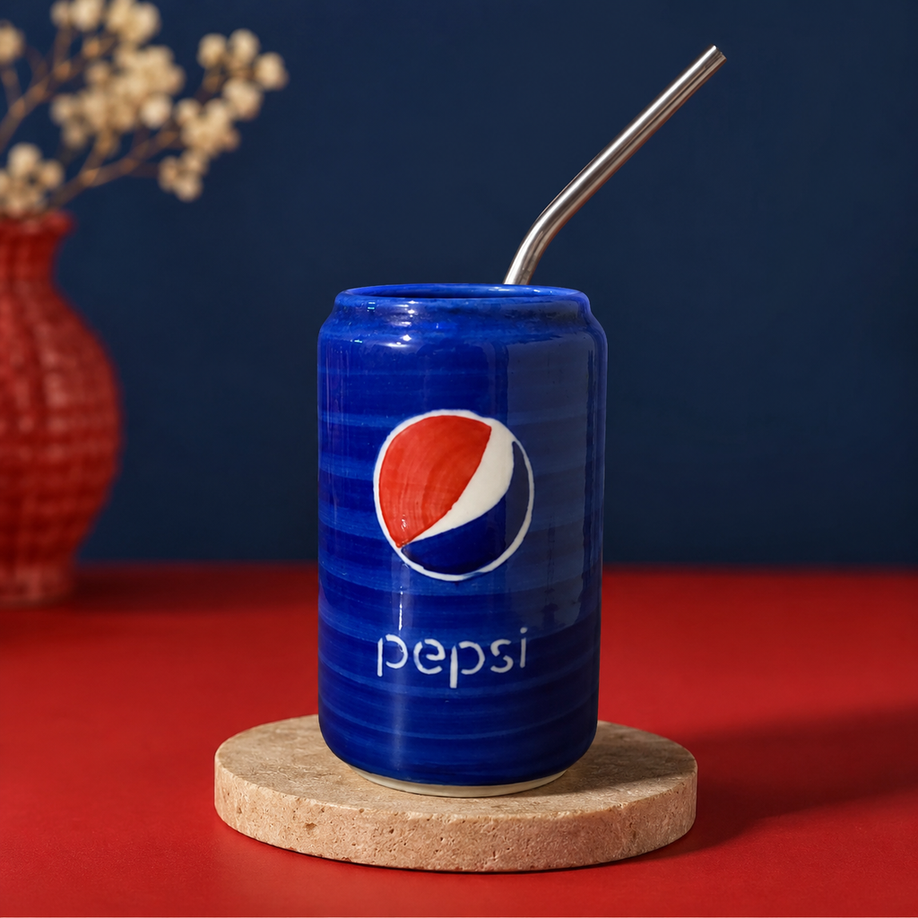 Handmade ceramic can-shaped cup with stainless steel straw, retro soda-can style