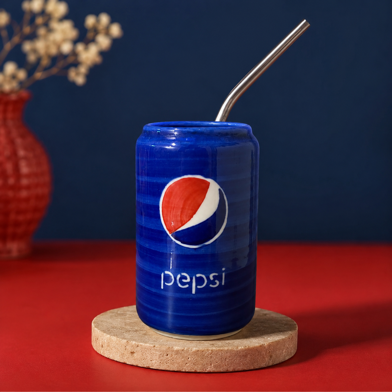 Handmade ceramic can-shaped cup with stainless steel straw, retro soda-can style
