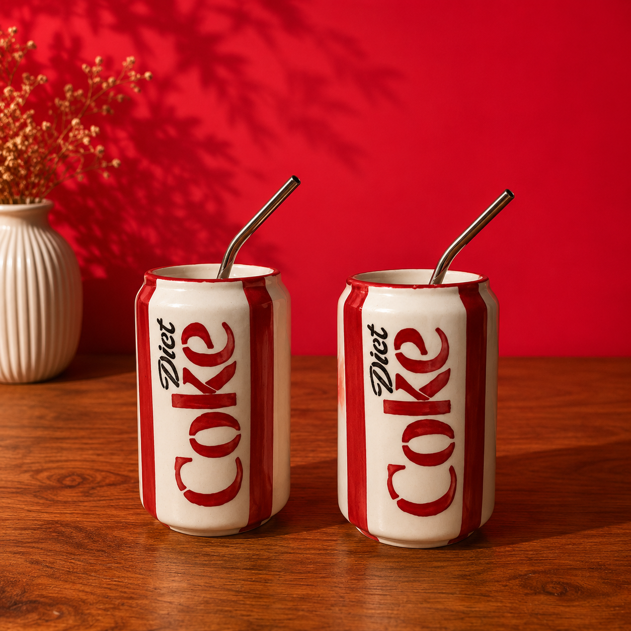 Handmade ceramic cola-can-shaped cup set of 2 with stainless steel straws, retro red and white