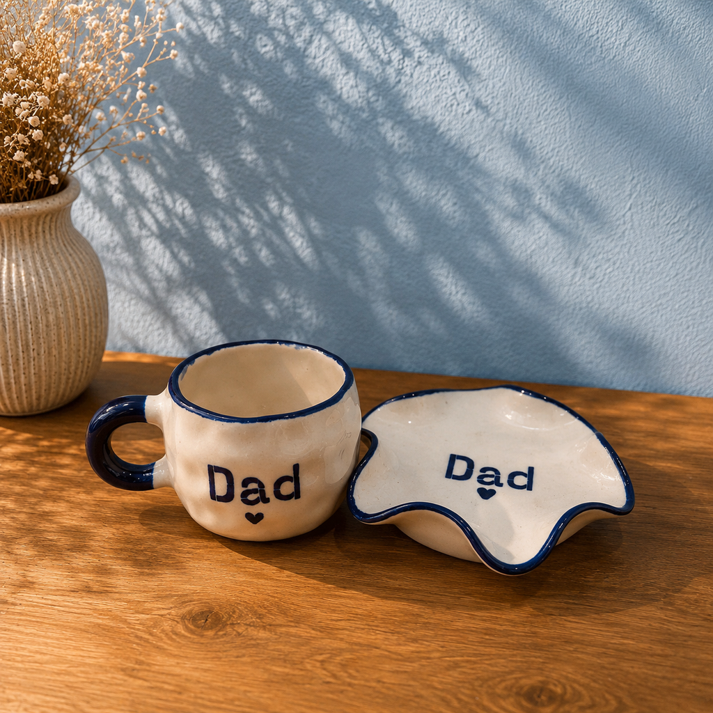 Handmade ceramic Dad mug and matching navy trinket dish gift set