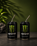 Handmade black ceramic energy-drink-can cup set of 2 with stainless steel straws
