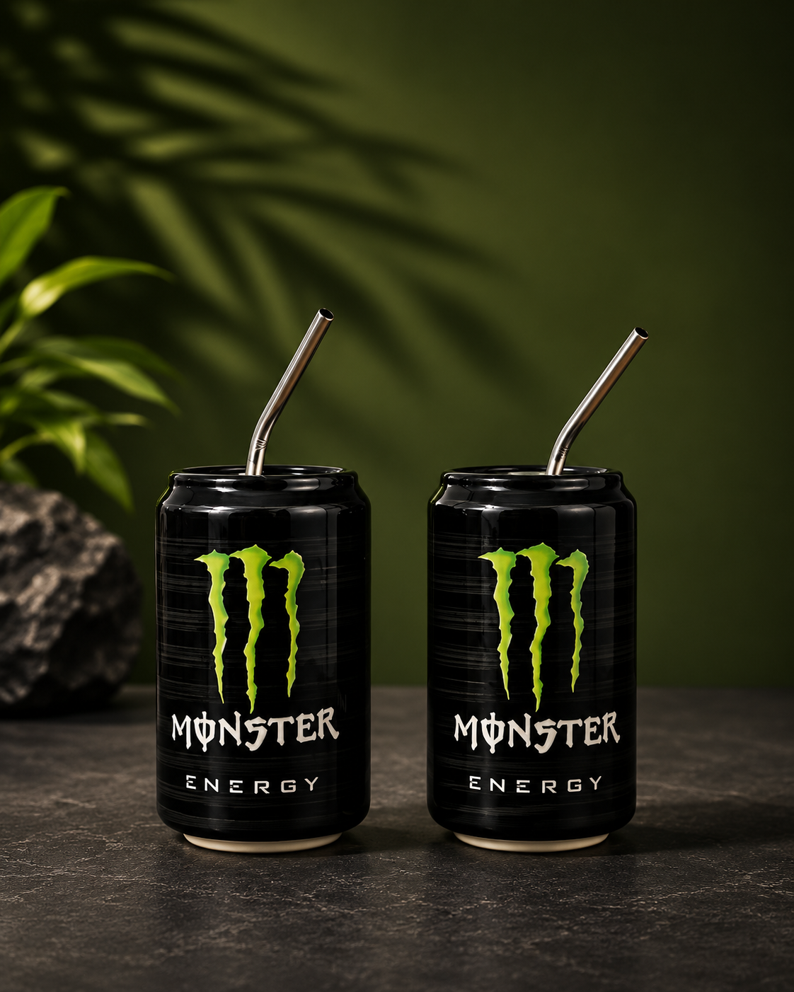 Handmade black ceramic energy-drink-can cup set of 2 with stainless steel straws