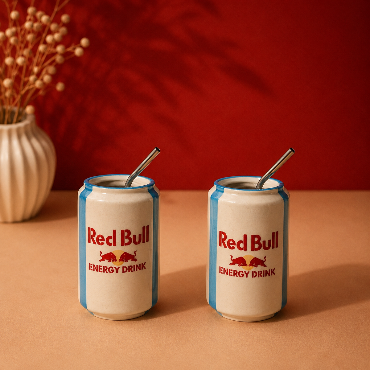 Handmade cream-and-blue ceramic energy-drink-can cup set of 2 with steel straws