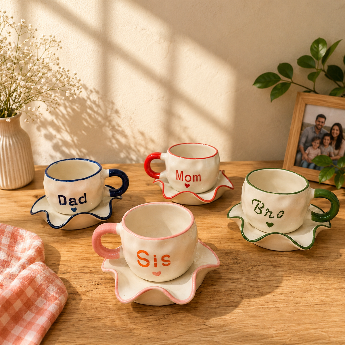 Handmade ceramic family mug and saucer set of 4 — Mom, Dad, Sis and Bro