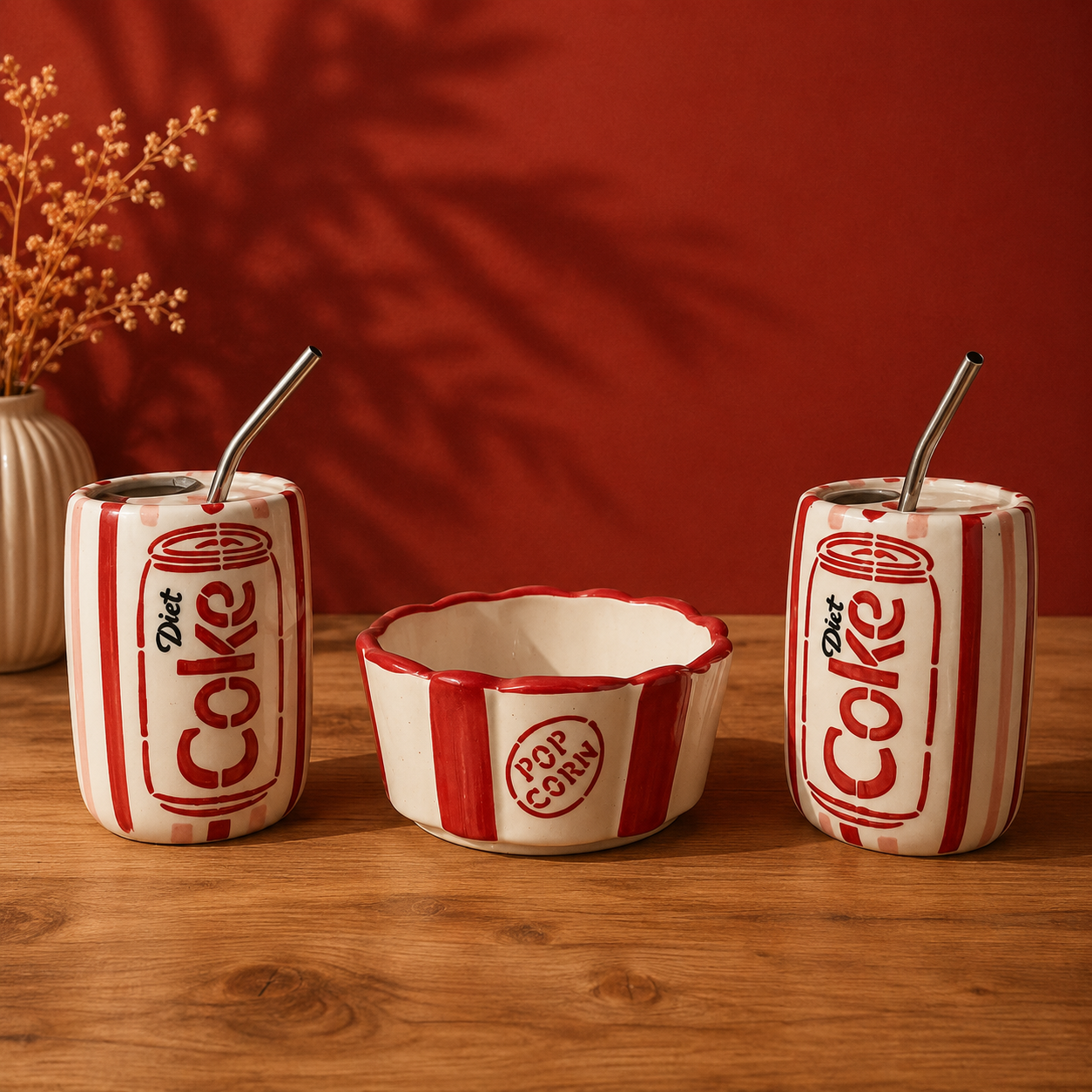 Handmade ceramic movie night set — scalloped popcorn bowl with 2 striped cola can cups and straws