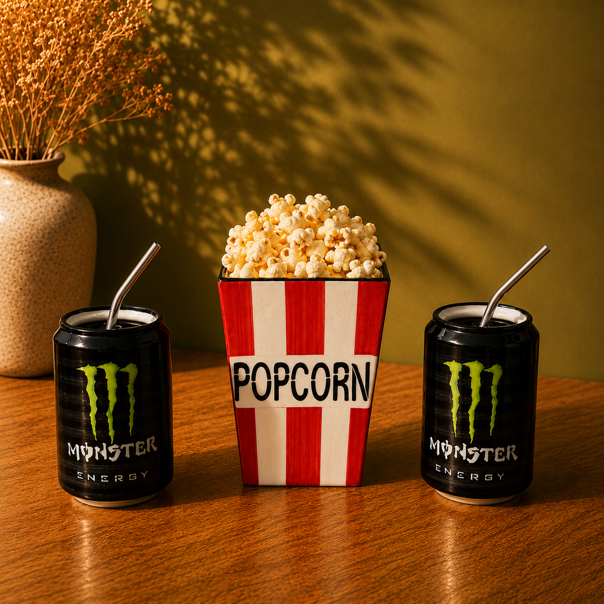 Handmade ceramic movie night set — striped popcorn bucket with 2 black energy can cups and straws