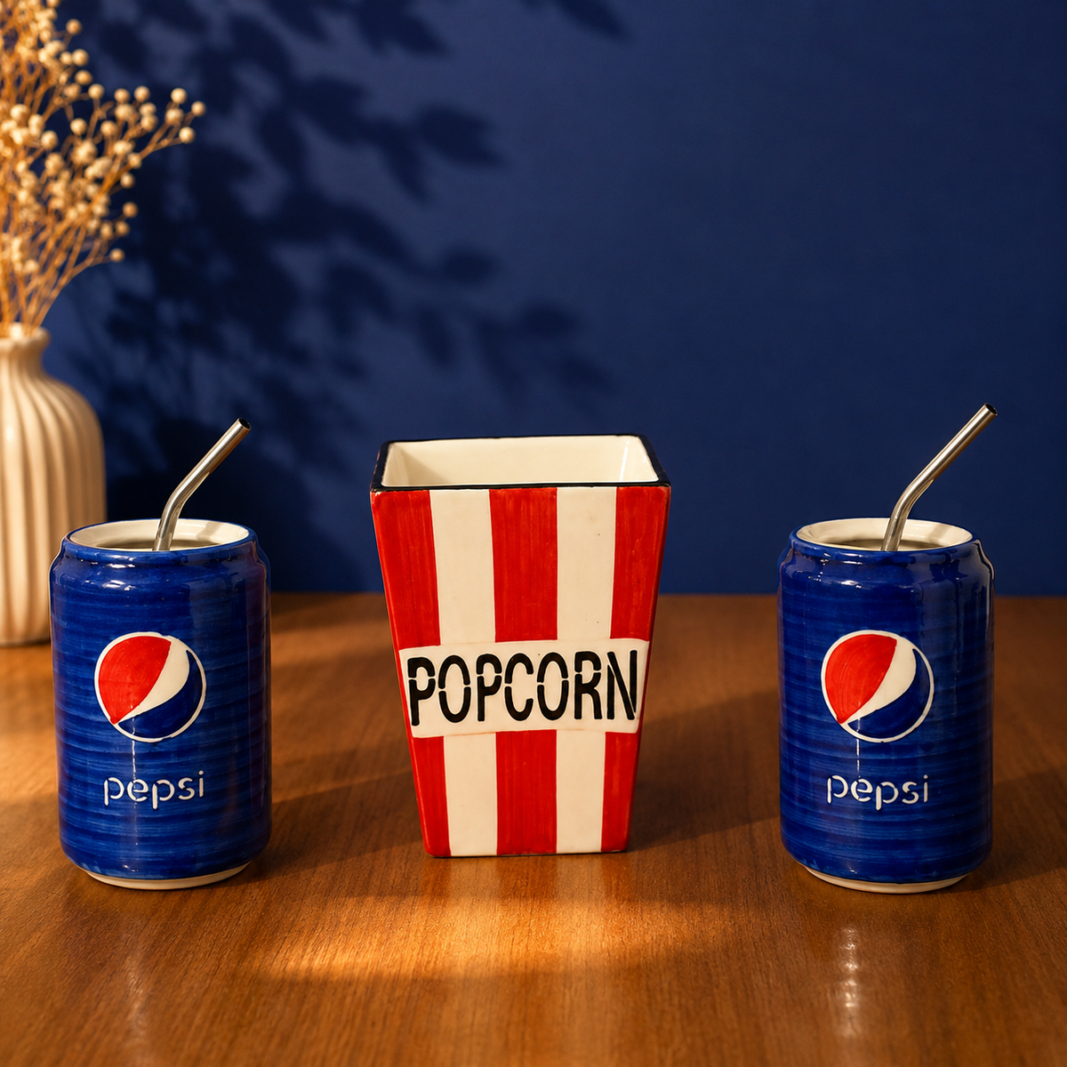 Handmade ceramic movie night set — striped popcorn bucket with 2 blue soda can cups and straws