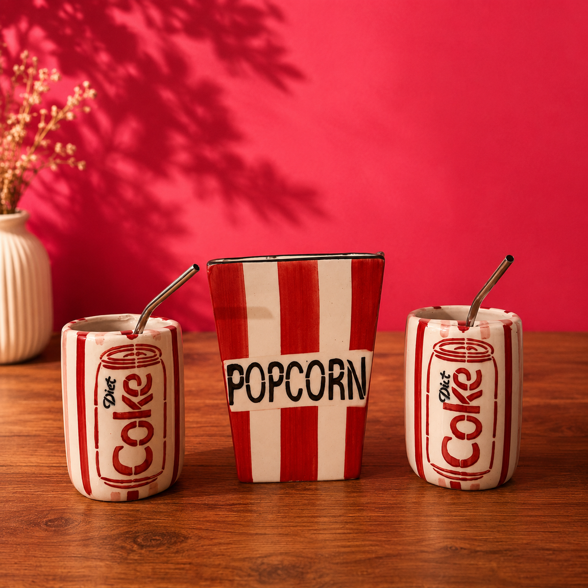 Handmade ceramic movie night set — striped popcorn bucket with 2 retro cola can cups and straws