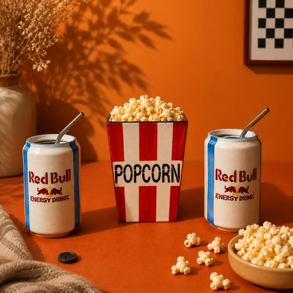 Handmade ceramic movie night set — striped popcorn bucket with 2 energy-drink can cups and straws