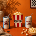 Handmade ceramic movie night set — striped popcorn bucket with 2 energy-drink can cups and straws