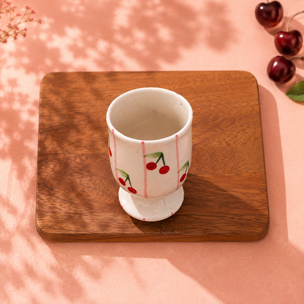 Hand-painted cherry mug pedestal cup with red cherries and pink stripes
