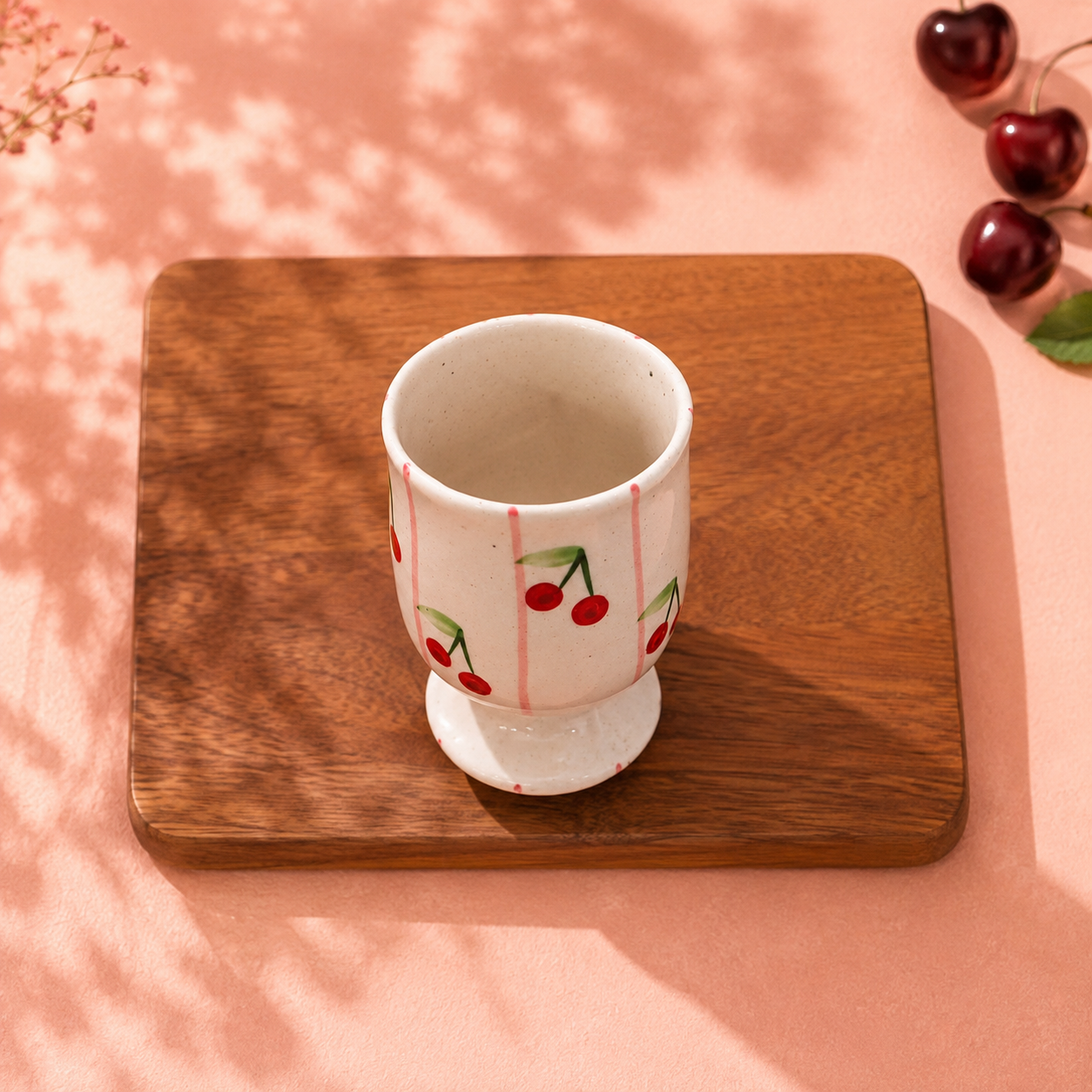 Hand-painted cherry mug pedestal cup with red cherries and pink stripes