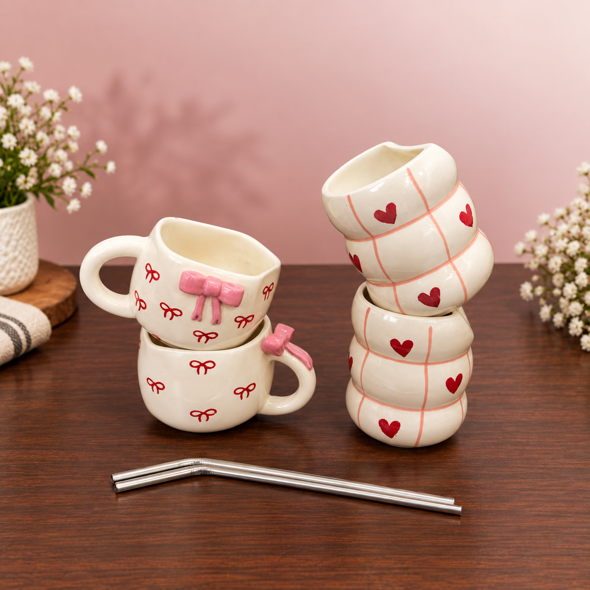 Cute coquette set of 4 — red bow mugs with 3D pink bow and heart bubble tumblers with straws