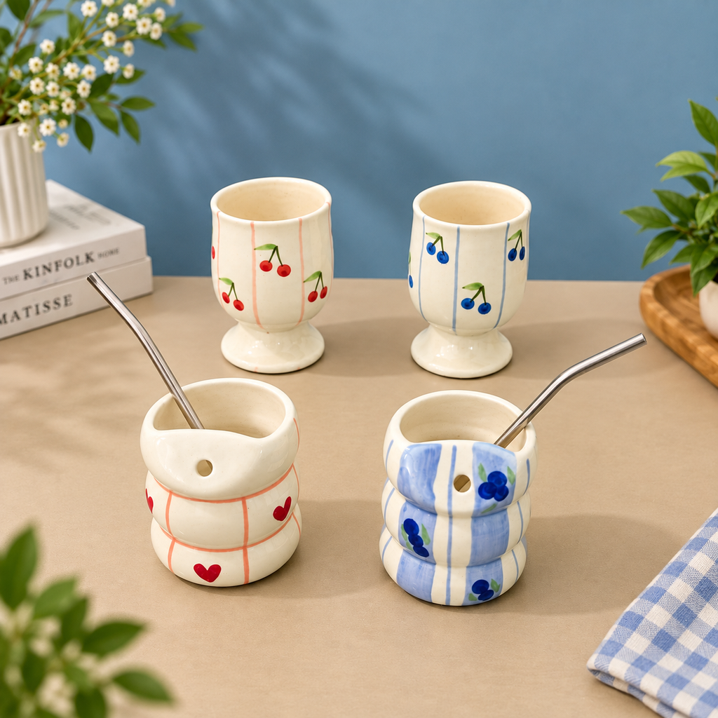 Cute ceramic cup set of 4 — footed cherry and blueberry cups with two bubble tumblers and straws