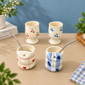 Cute ceramic cup set of 4 — footed cherry and blueberry cups with two bubble tumblers and straws