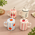 Cute ceramic coffee mug set of 4 with lids and straws — strawberry, orange and kitten designs
