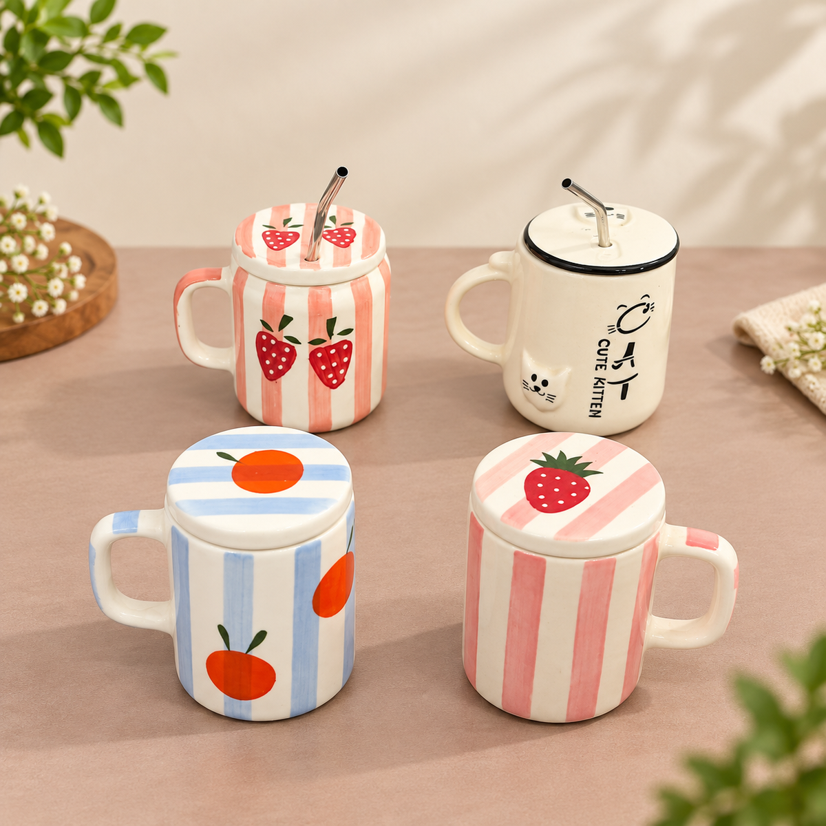 Cute ceramic coffee mug set of 4 with lids and straws — strawberry, orange and kitten designs