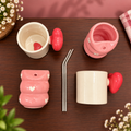 Cute heart mug and tumbler set of 4 — cream heart-handle mugs and pink heart bubble tumblers with straws