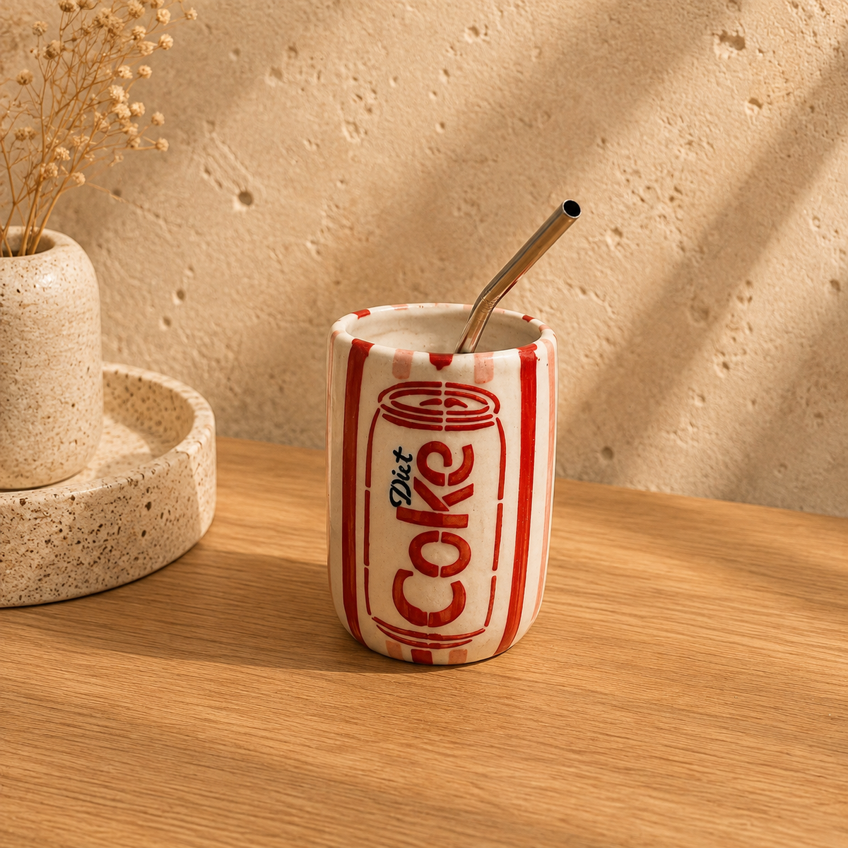 Handmade Diet Coke tumbler with metal straw in hand-painted red and cream ceramic on a wooden table