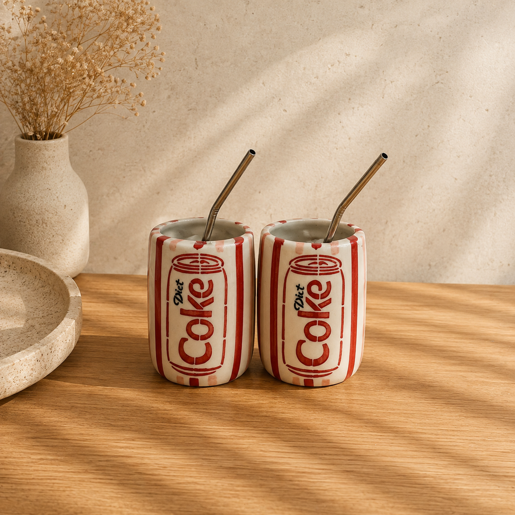 Diet Coke Tumblers Set of 2 – Ceramic Sippers with Straws