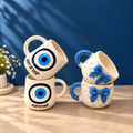 Evil eye coffee mug set of 4 — hand-painted Nazar Na Lage mugs and blue bow mugs
