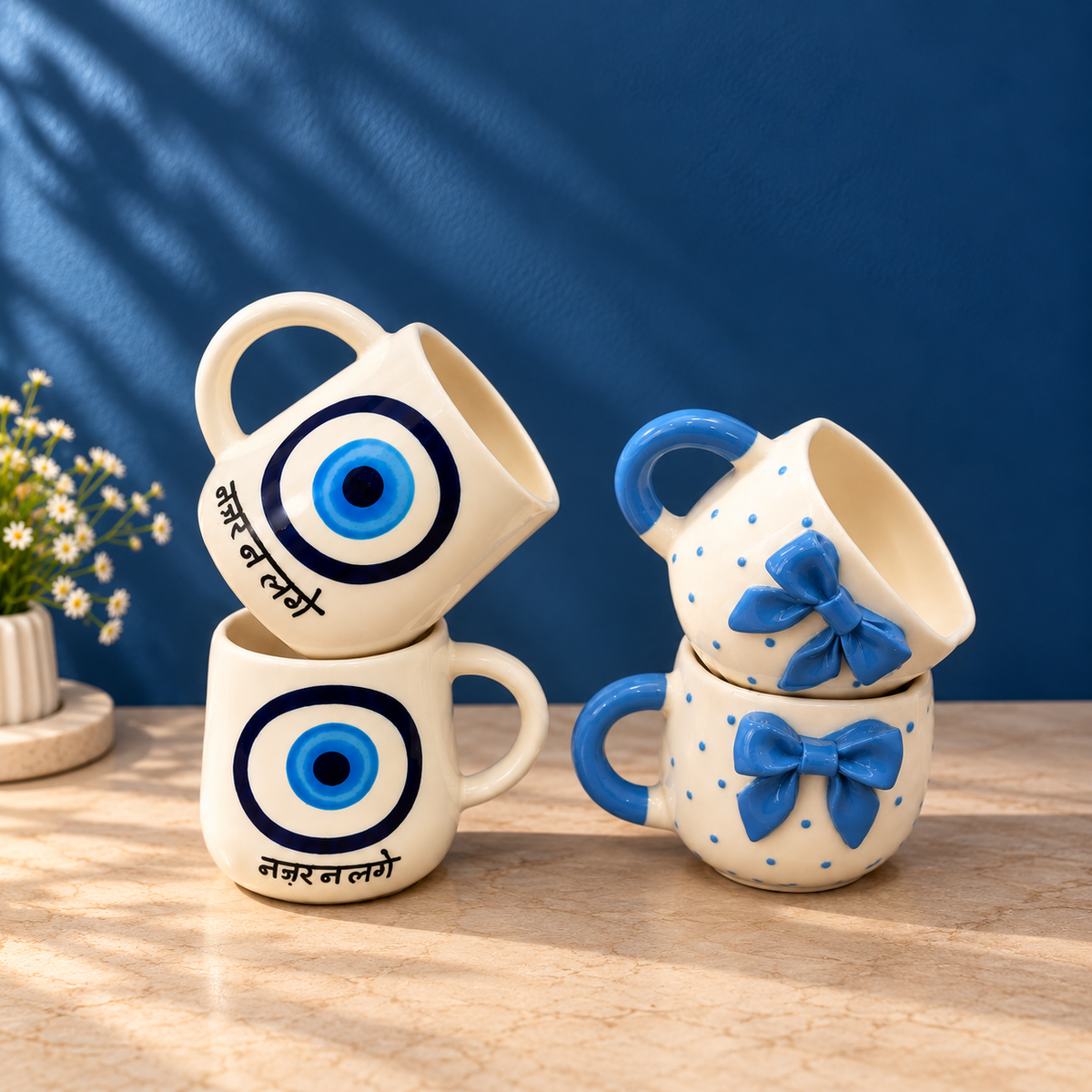Evil eye coffee mug set of 4 — hand-painted Nazar Na Lage mugs and blue bow mugs