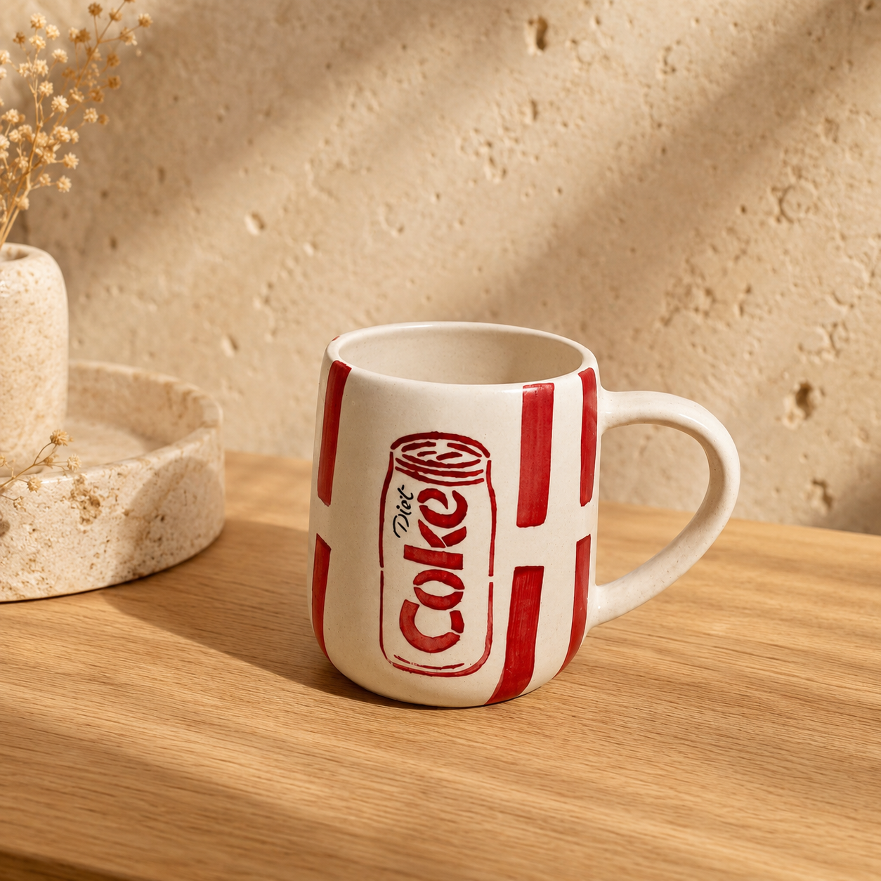 Handmade Diet Coke mug in hand-painted red and cream ceramic on a wooden table