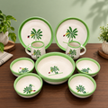 Handpainted palm tree ceramic dinner set for 2 — plates, bowls and mugs in green and cream
