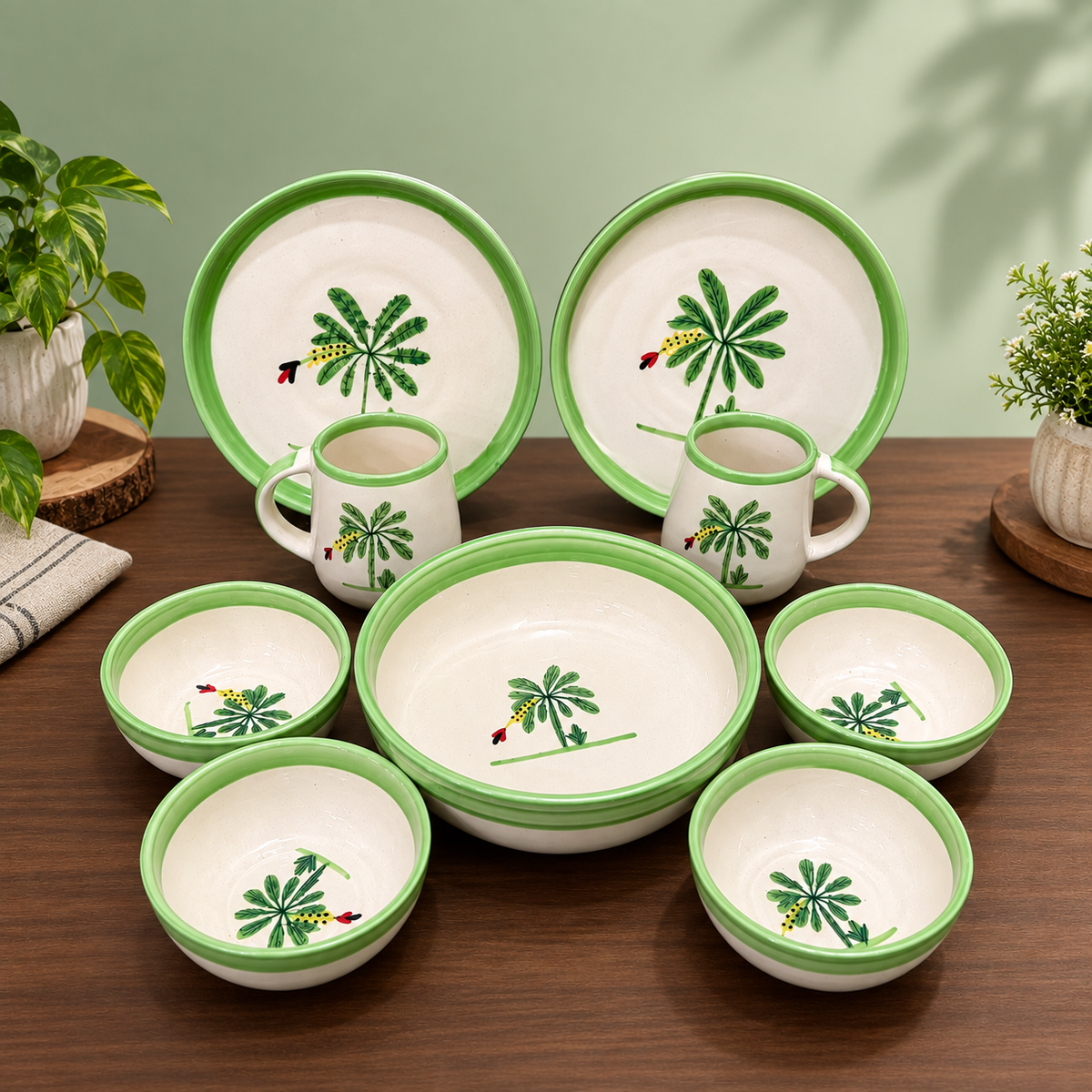 Handpainted palm tree ceramic dinner set for 2 — plates, bowls and mugs in green and cream
