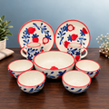 Handpainted pomegranate ceramic dinner set for 2 — plates, bowls and mugs in red and blue