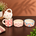Heart mug and bowl set of 4 — cute ceramic breakfast set with hand-painted hearts and gingham